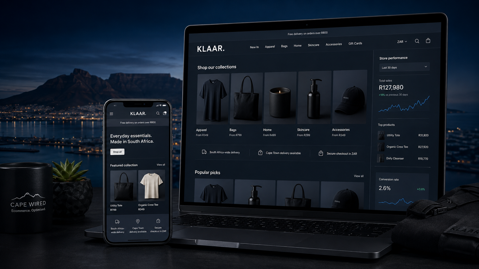 South African Shopify ecommerce storefront shown on desktop and mobile